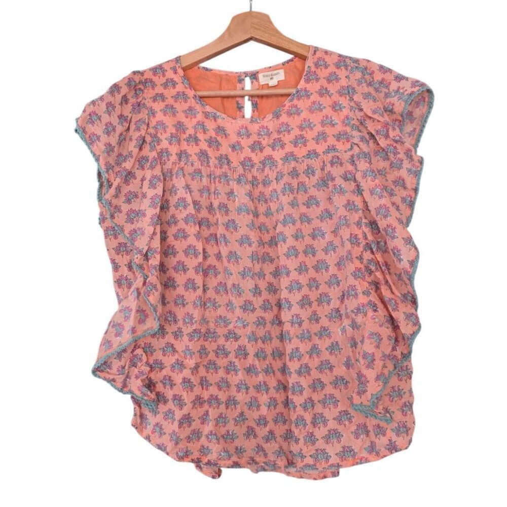 World Market Boho Blouse Size S/M Coral Pink Floral Flutter Ruffled Cottagecore